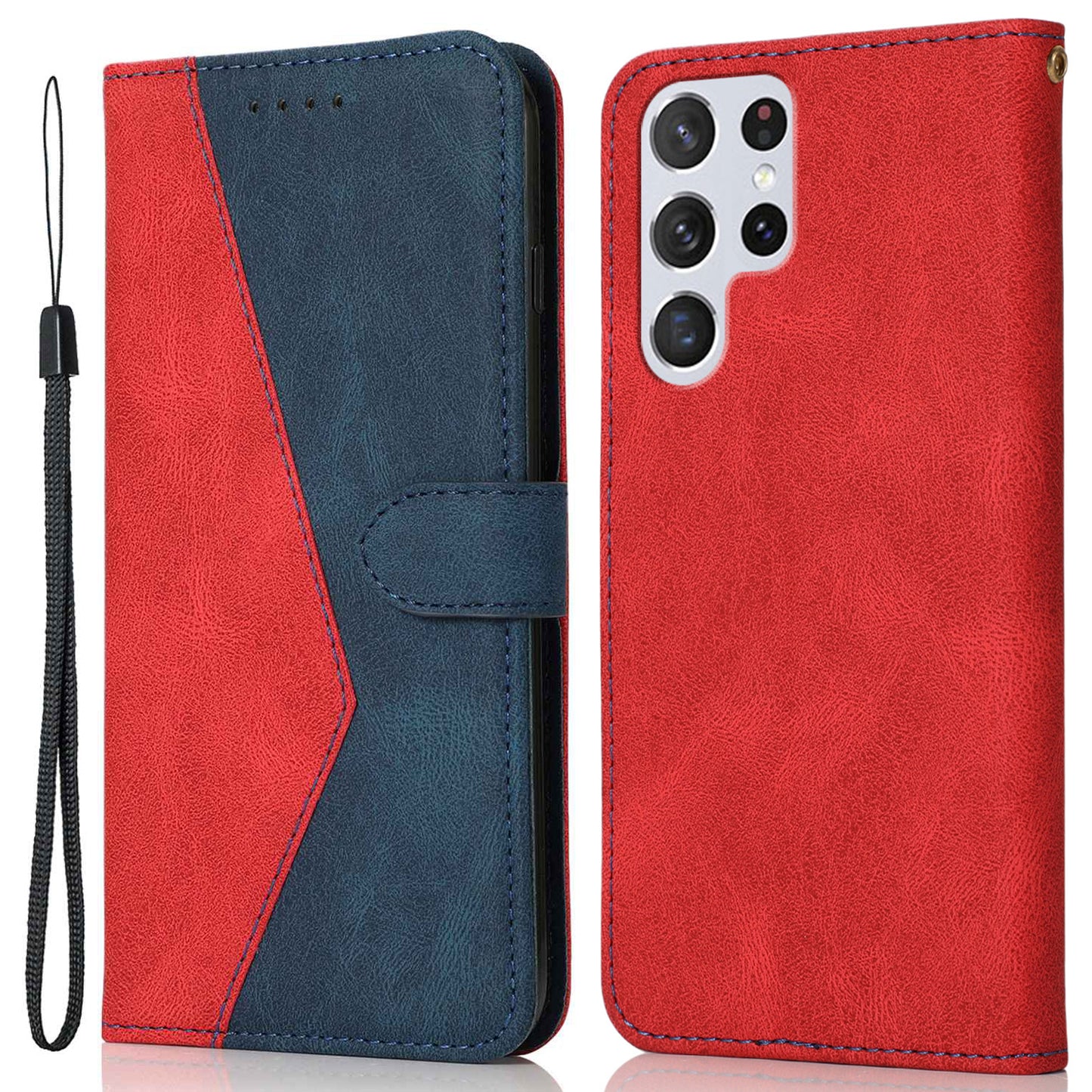 For Samsung Galaxy S24 Ultra Case PU Leather Color Splicing Stand Phone Cover - Red+Blue