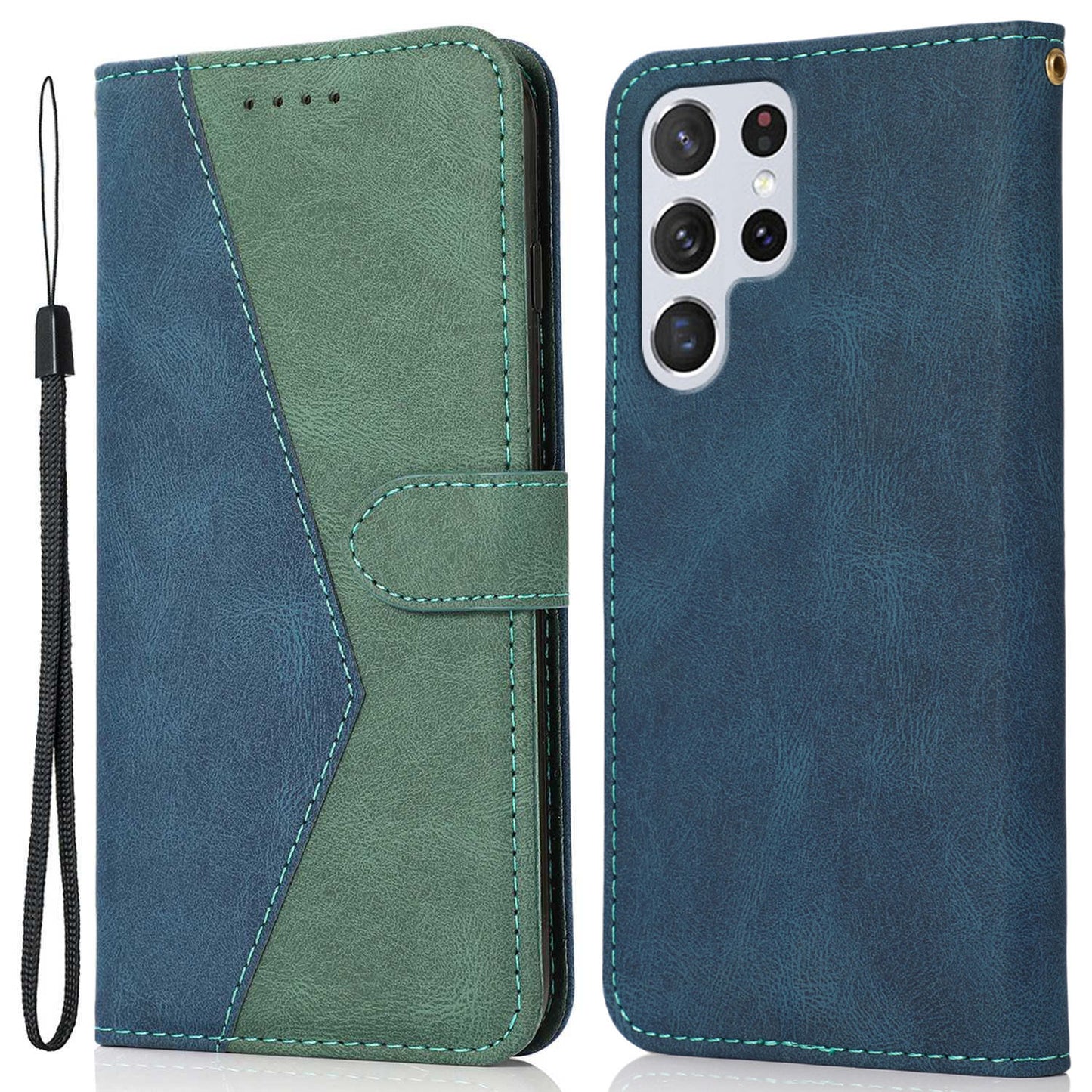 For Samsung Galaxy S24 Ultra Case PU Leather Color Splicing Stand Phone Cover - Blue+Green