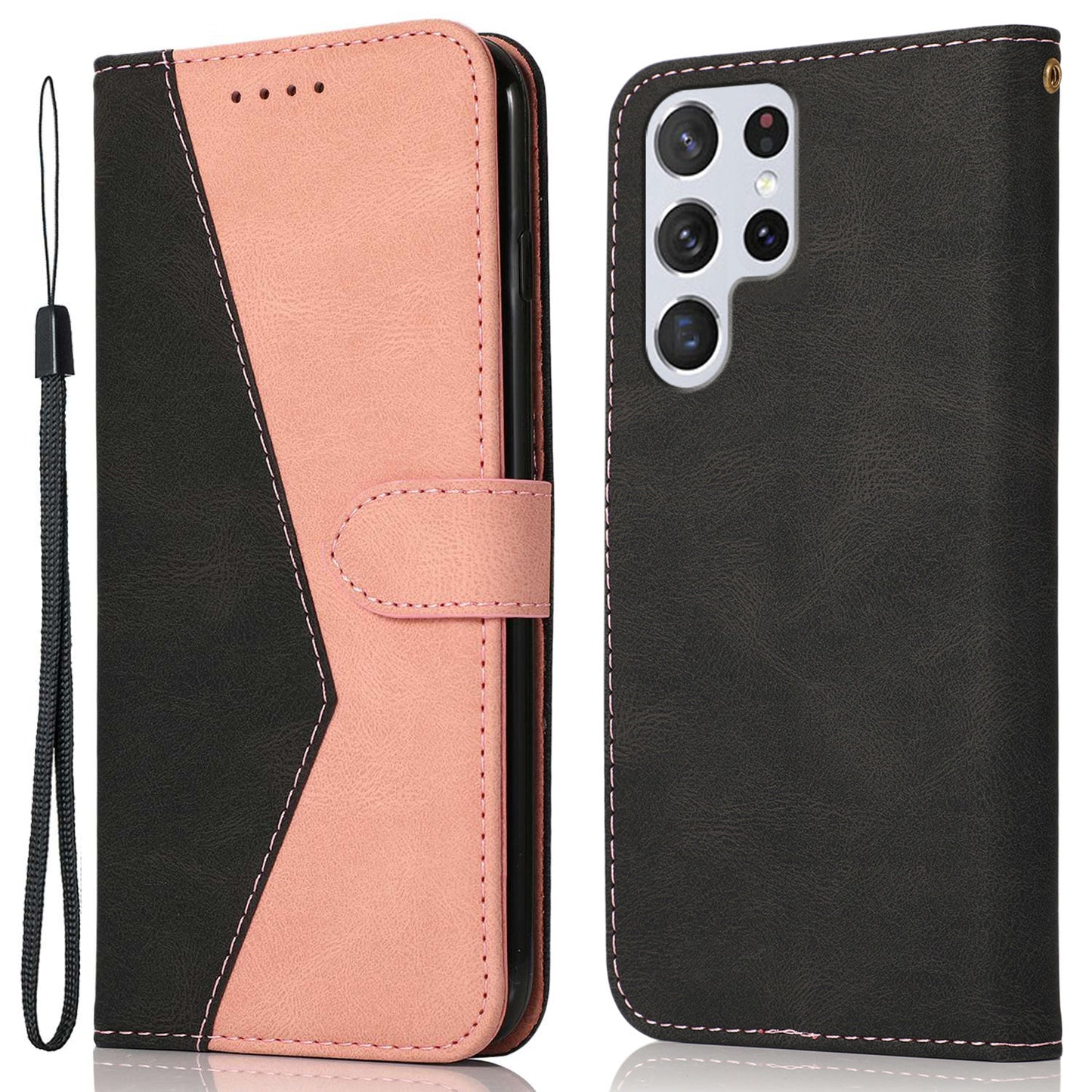 For Samsung Galaxy S24 Ultra Case PU Leather Color Splicing Stand Phone Cover - Black+Pink