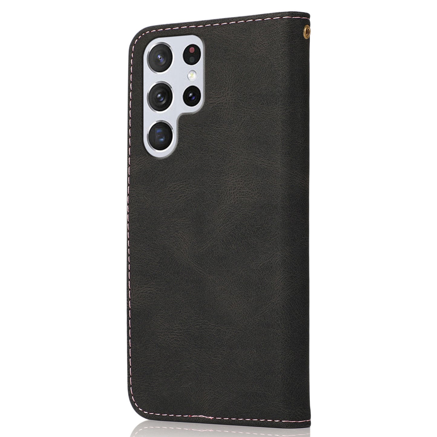 For Samsung Galaxy S24 Ultra Case PU Leather Color Splicing Stand Phone Cover - Black+Pink