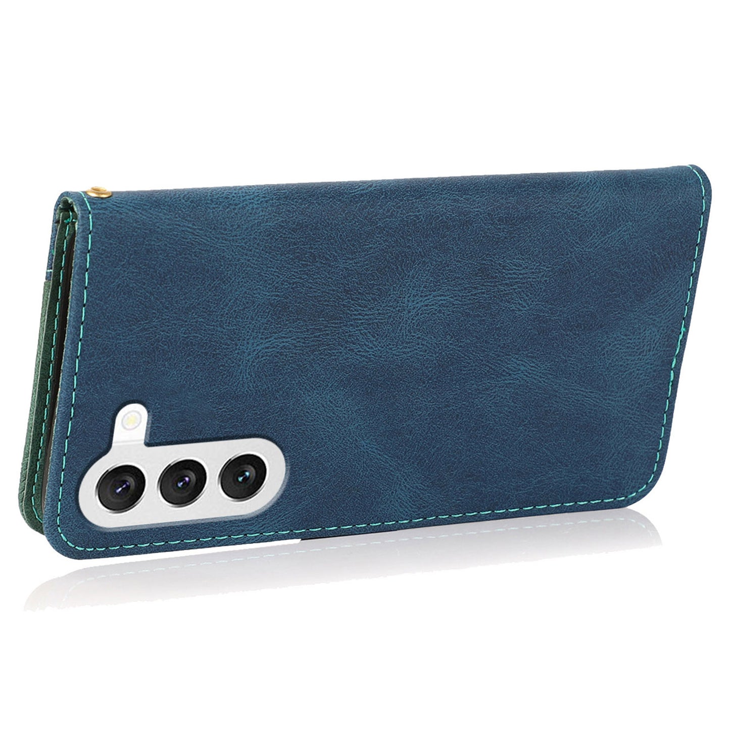 For Samsung Galaxy S24+ Case Color Splicing Phone Cover with Stand Wallet - Blue+Green