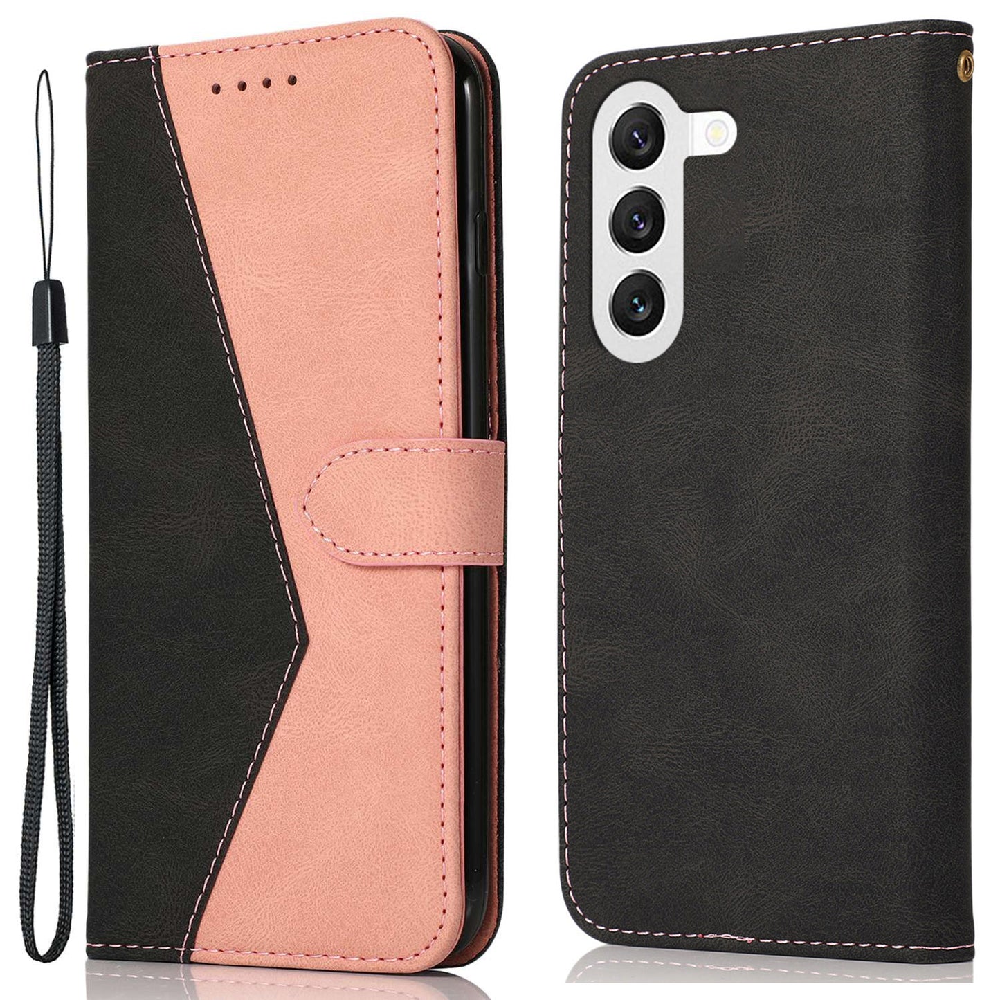 For Samsung Galaxy S24 Case Color Splicing Phone Wallet Cover - Black+Pink