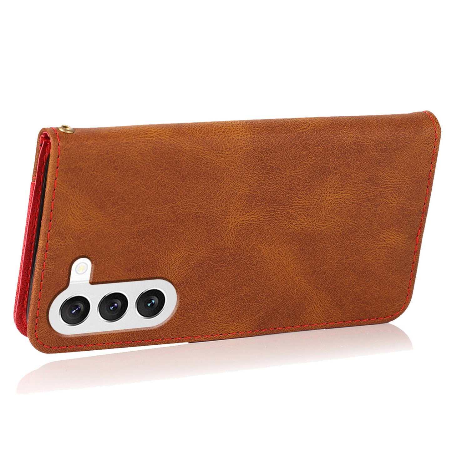 For Samsung Galaxy S24 Case Color Splicing Phone Wallet Cover - Brown+Red