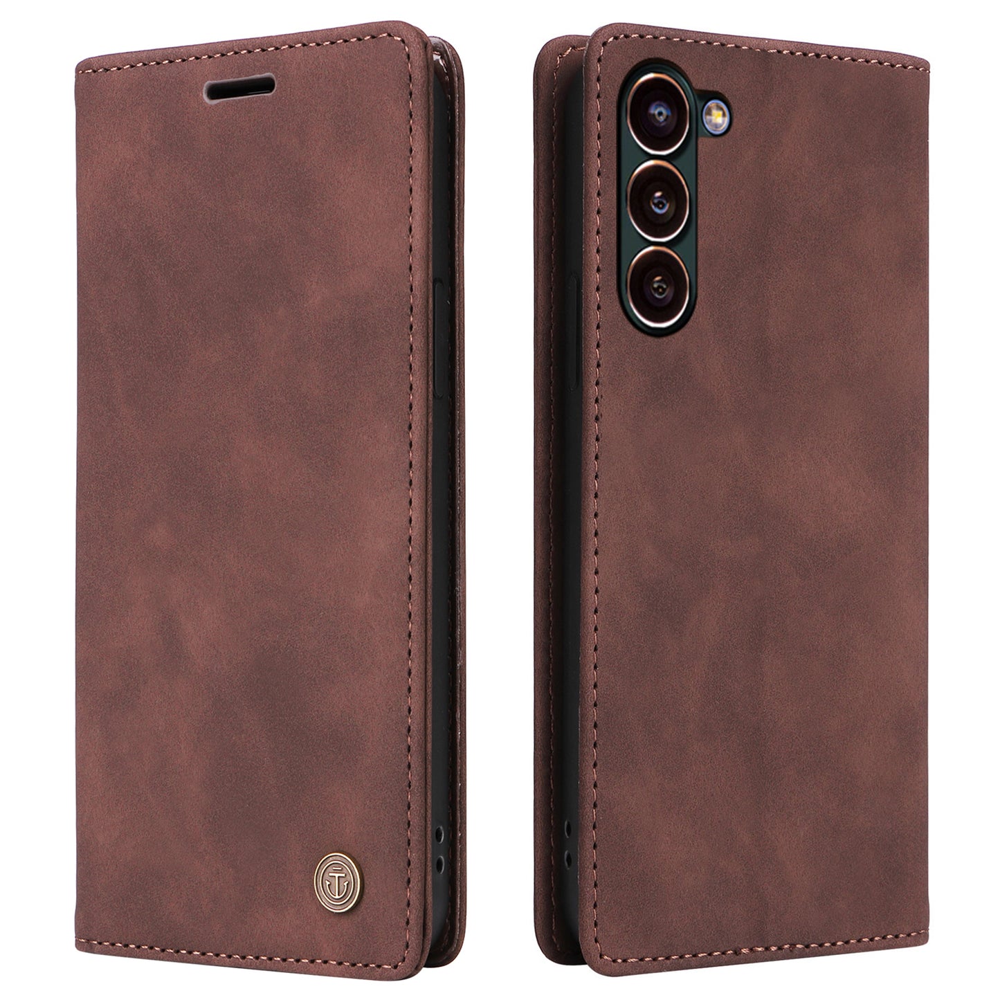 006 Series For Samsung Galaxy S24 Case Stand Leather Cover with Suction Cups Closure - Coffee
