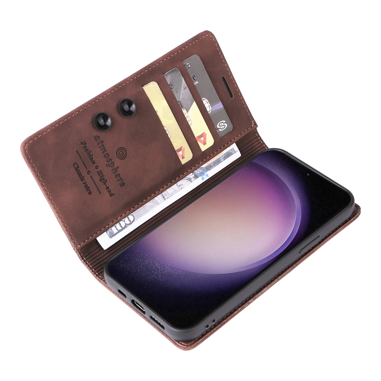006 Series For Samsung Galaxy S24 Case Stand Leather Cover with Suction Cups Closure - Coffee