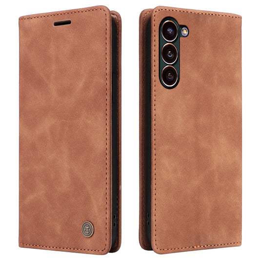 006 Series For Samsung Galaxy S24 Case Stand Leather Cover with Suction Cups Closure - Brown