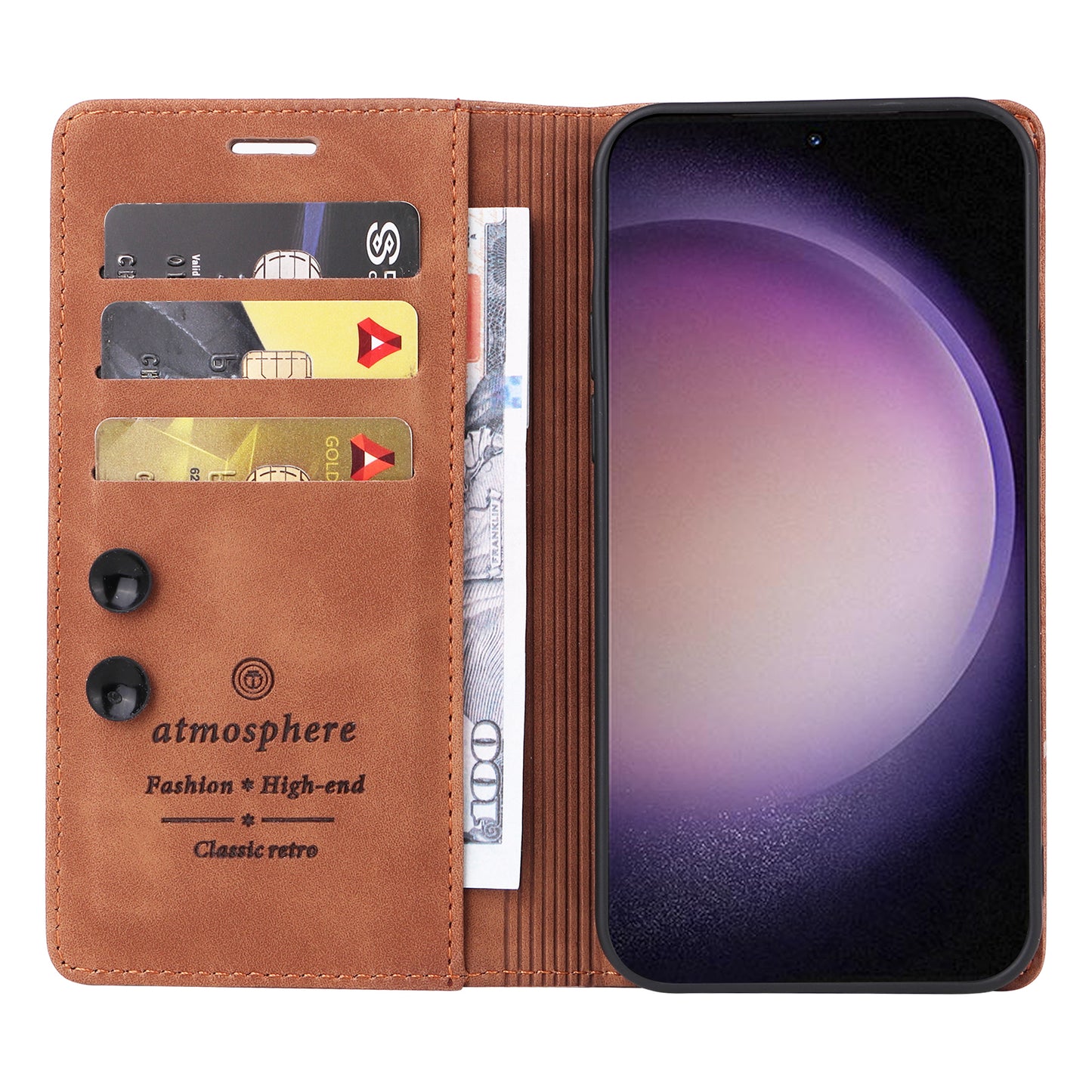 006 Series For Samsung Galaxy S24 Case Stand Leather Cover with Suction Cups Closure - Brown