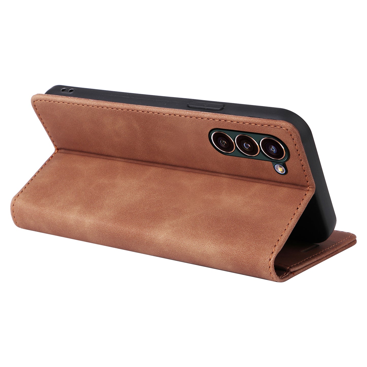 006 Series For Samsung Galaxy S24 Case Stand Leather Cover with Suction Cups Closure - Brown