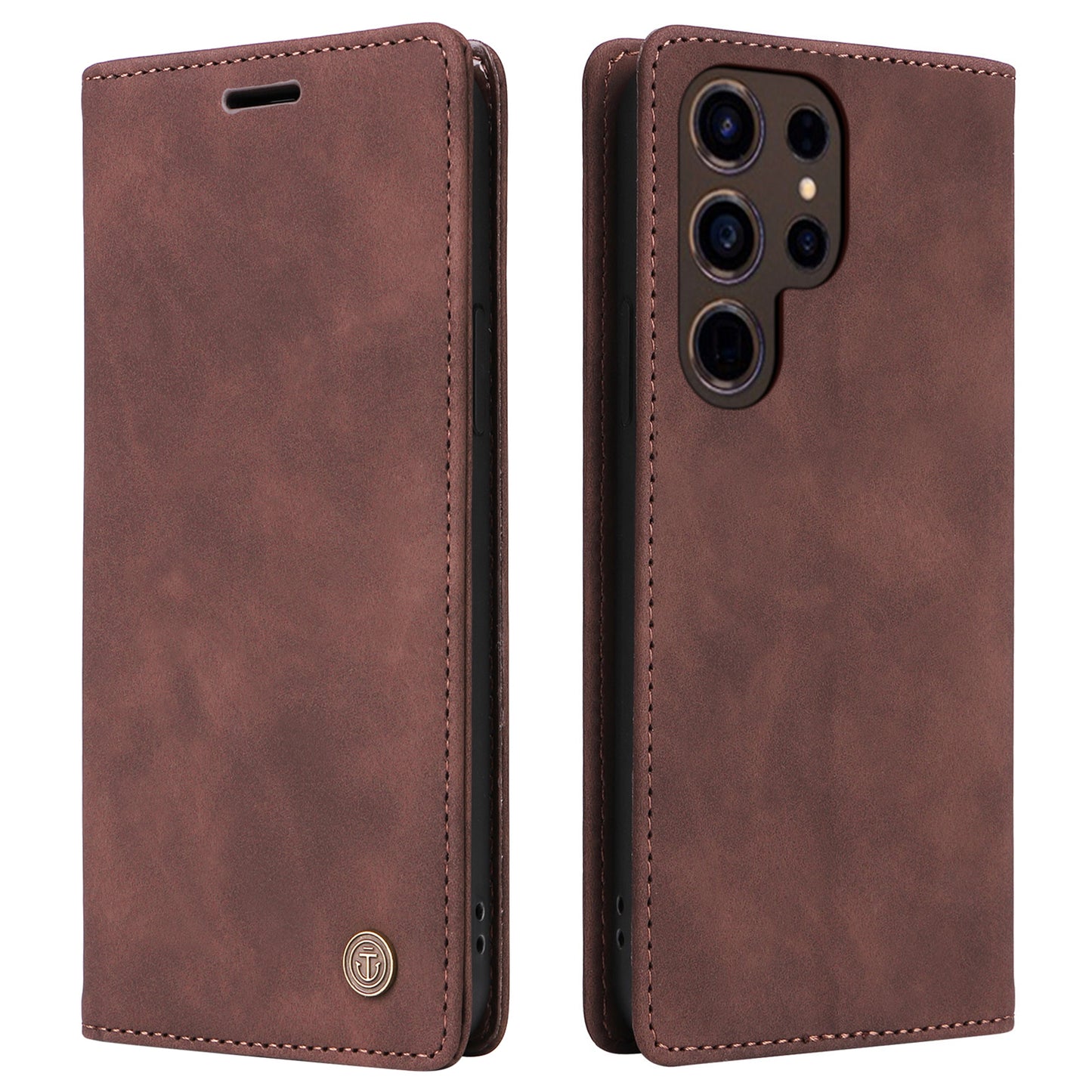 006 Series For Samsung Galaxy S24 Ultra Case PU Leather Folding Stand Cover with Suction Cups Closure - Coffee