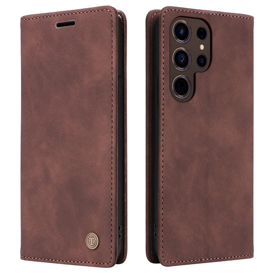 006 Series For Samsung Galaxy S24 Ultra Case PU Leather Folding Stand Cover with Suction Cups Closure - Coffee