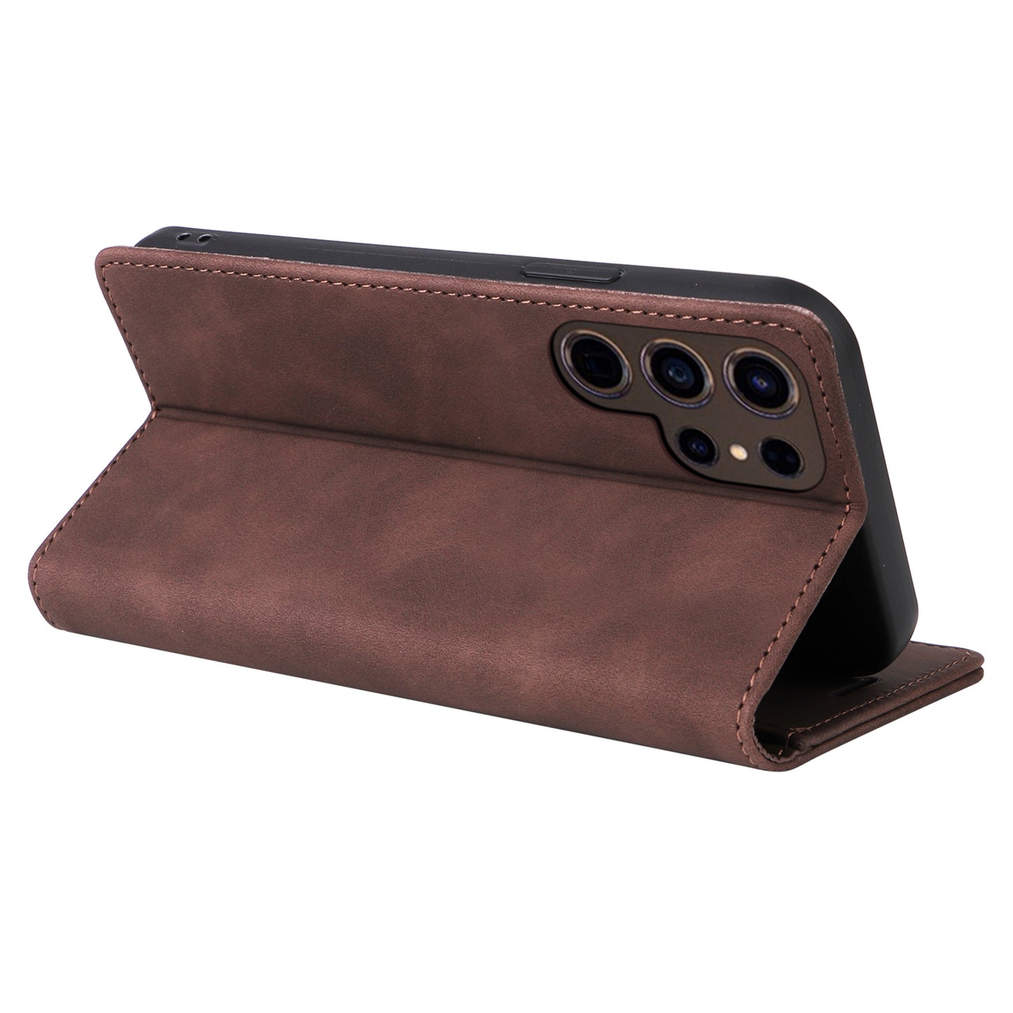006 Series For Samsung Galaxy S24 Ultra Case PU Leather Folding Stand Cover with Suction Cups Closure - Coffee