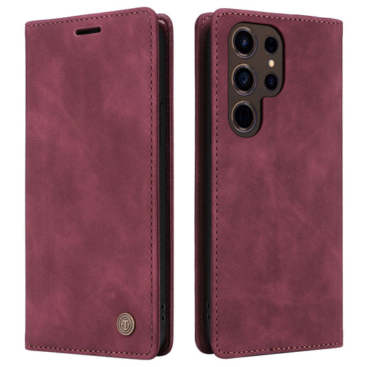 006 Series For Samsung Galaxy S24 Ultra Case PU Leather Folding Stand Cover with Suction Cups Closure - Wine Red