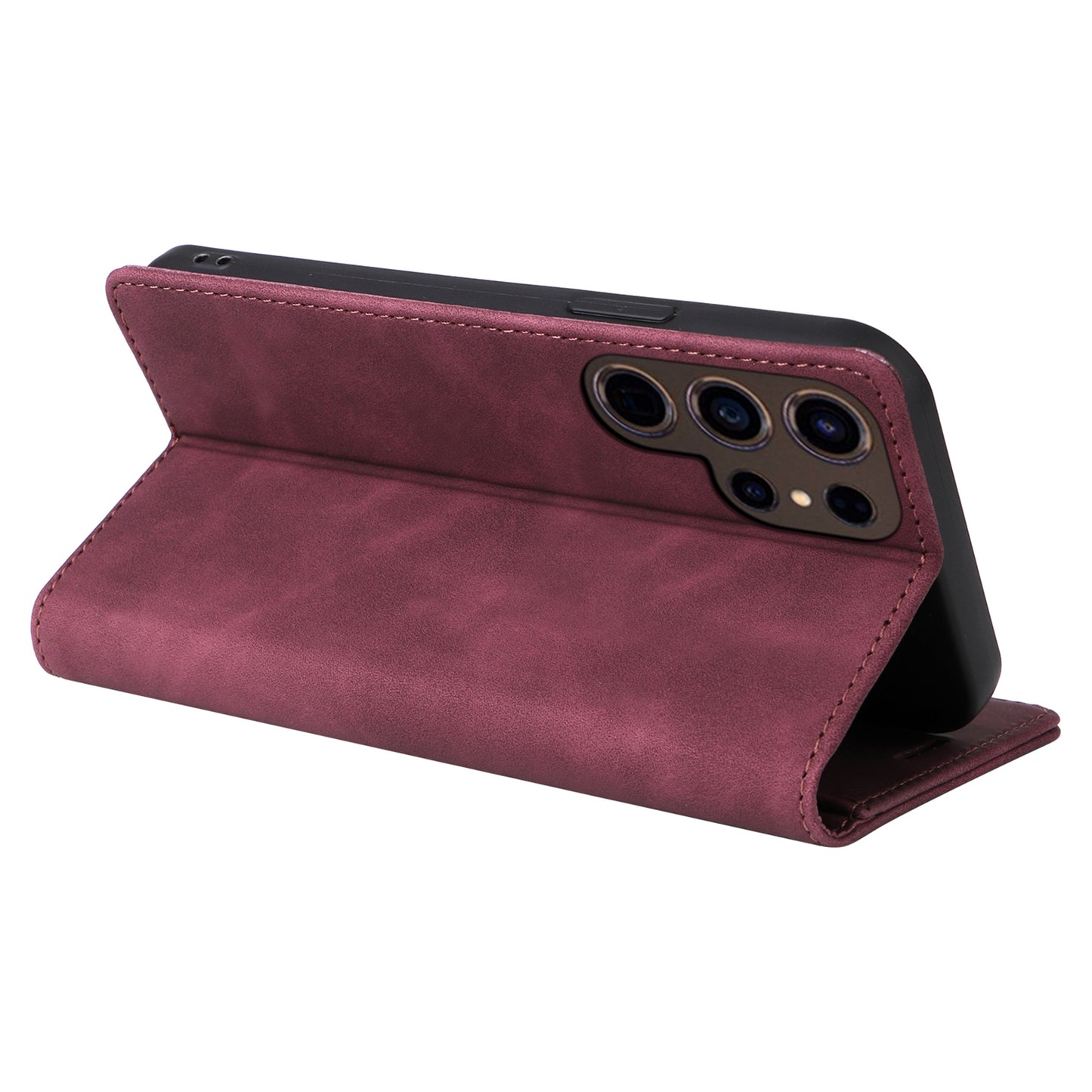 006 Series For Samsung Galaxy S24 Ultra Case PU Leather Folding Stand Cover with Suction Cups Closure - Wine Red