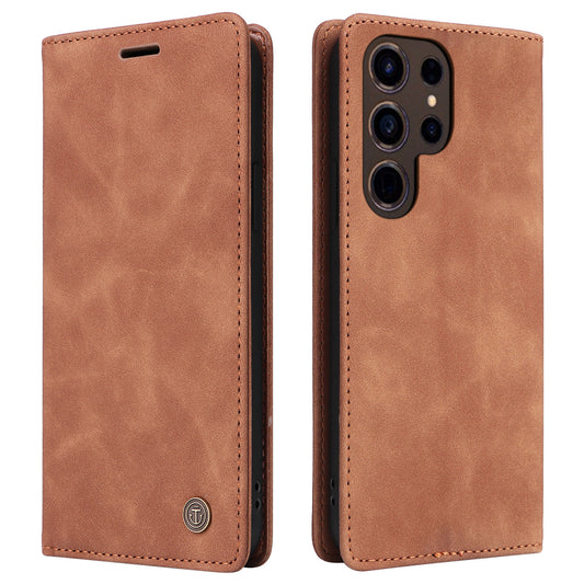 006 Series For Samsung Galaxy S24 Ultra Case PU Leather Folding Stand Cover with Suction Cups Closure - Brown