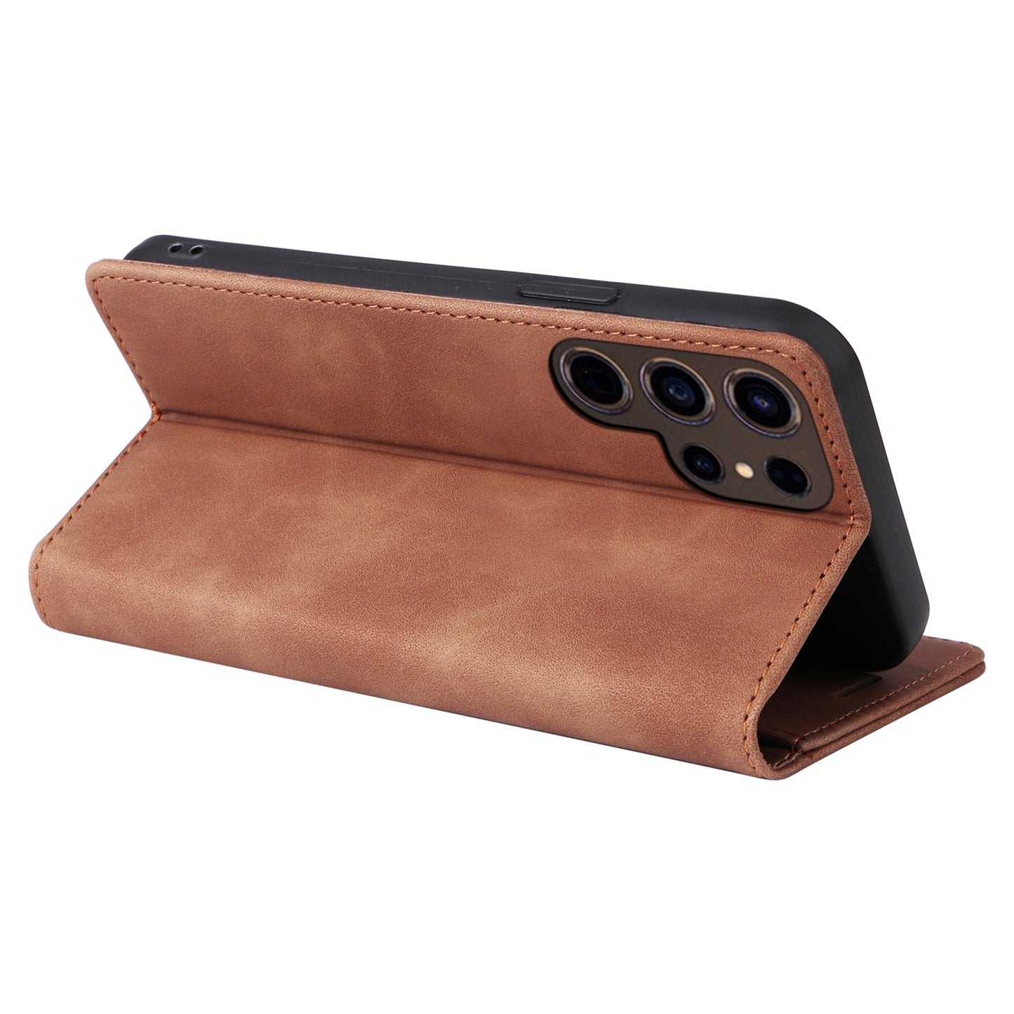 006 Series For Samsung Galaxy S24 Ultra Case PU Leather Folding Stand Cover with Suction Cups Closure - Brown
