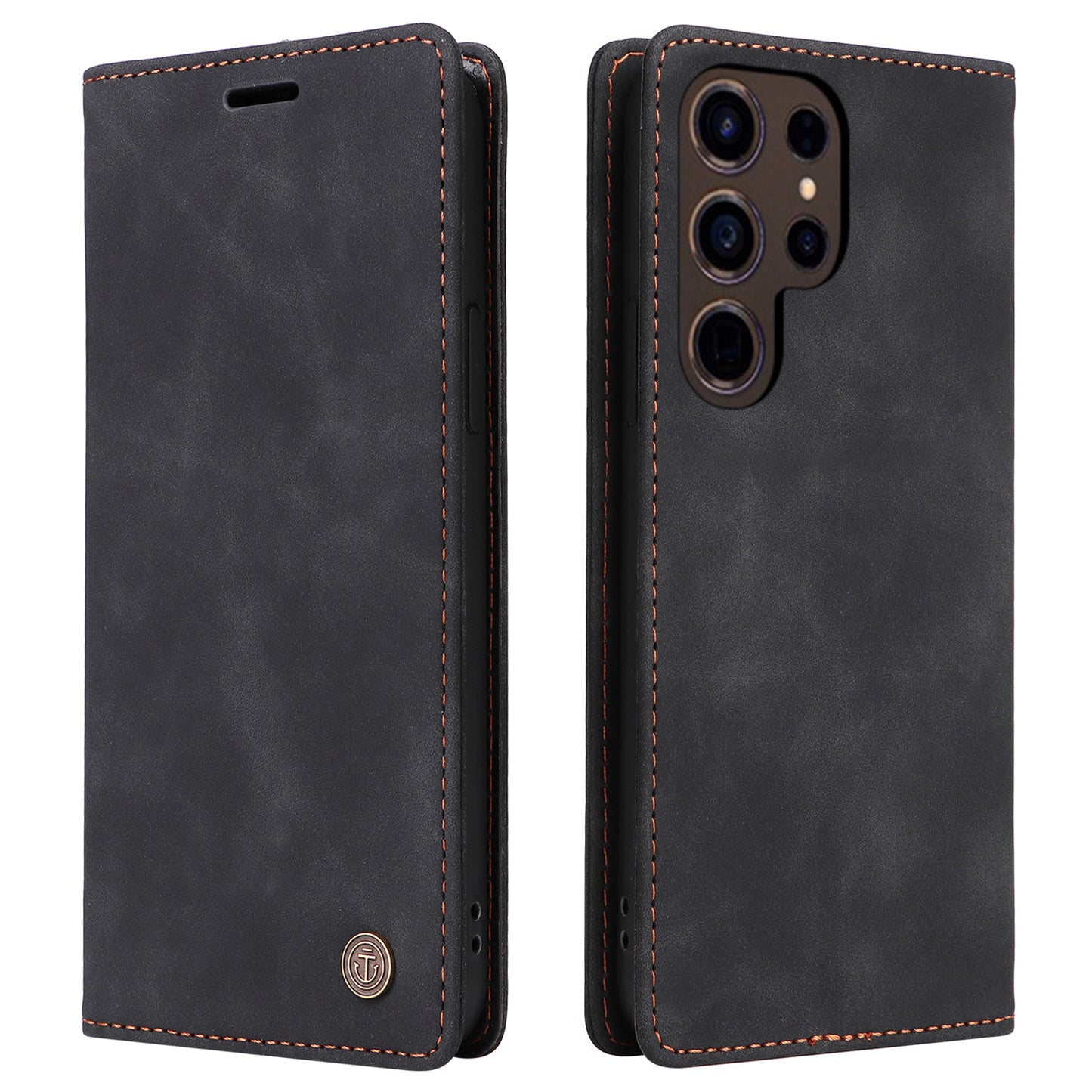 006 Series For Samsung Galaxy S24 Ultra Case PU Leather Folding Stand Cover with Suction Cups Closure - Black