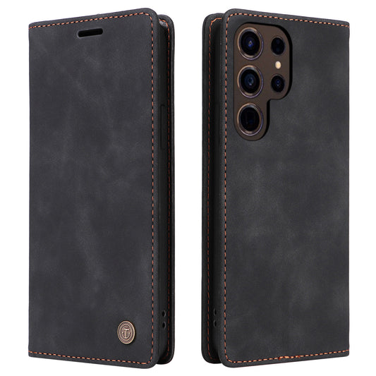 006 Series For Samsung Galaxy S24 Ultra Case PU Leather Folding Stand Cover with Suction Cups Closure - Black