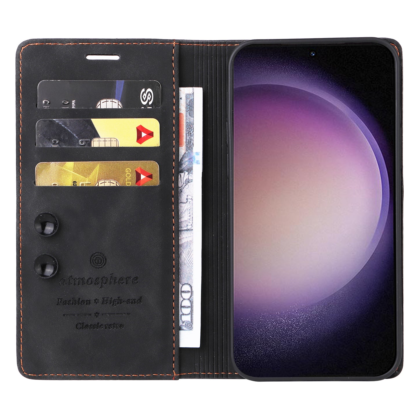 006 Series For Samsung Galaxy S24 Ultra Case PU Leather Folding Stand Cover with Suction Cups Closure - Black