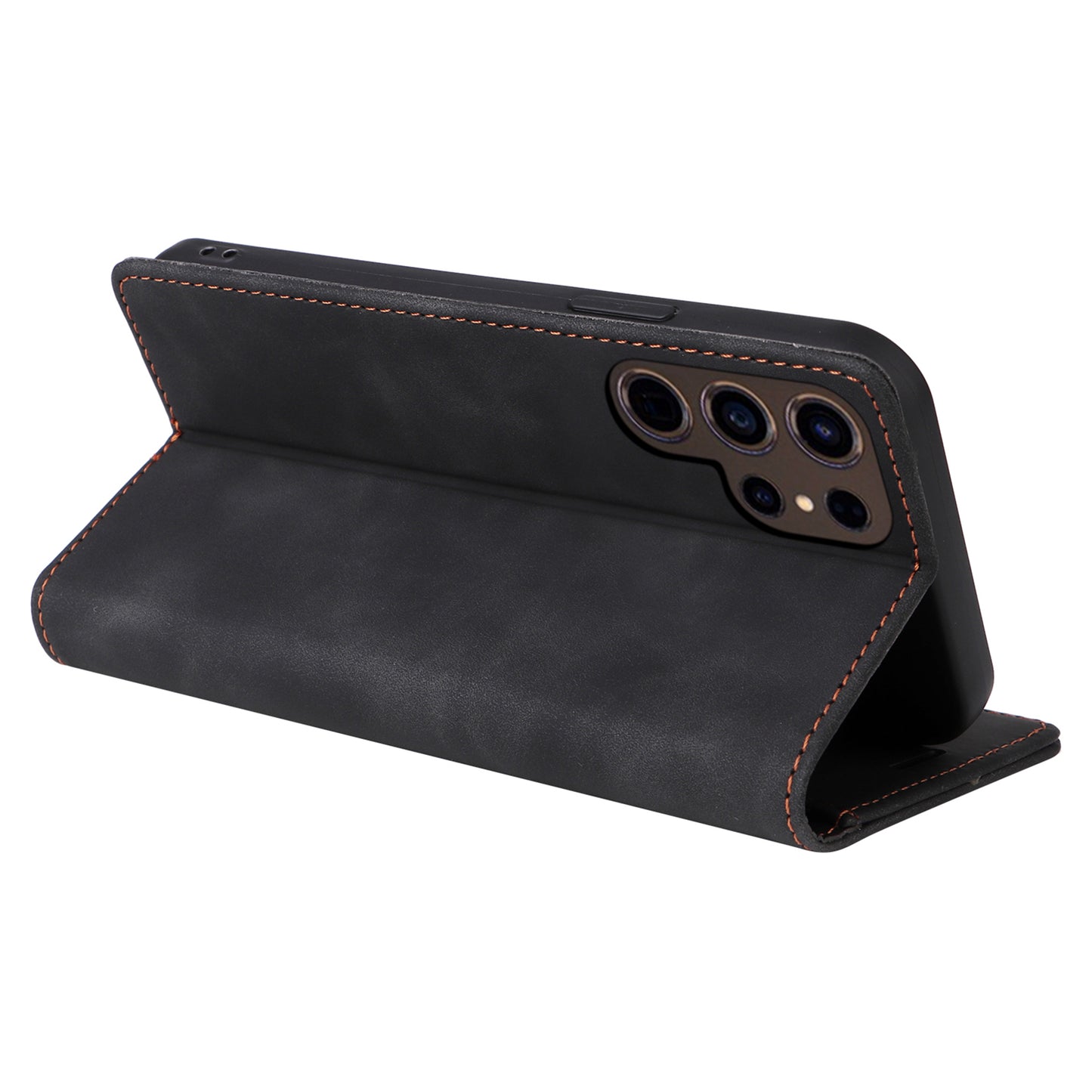 006 Series For Samsung Galaxy S24 Ultra Case PU Leather Folding Stand Cover with Suction Cups Closure - Black