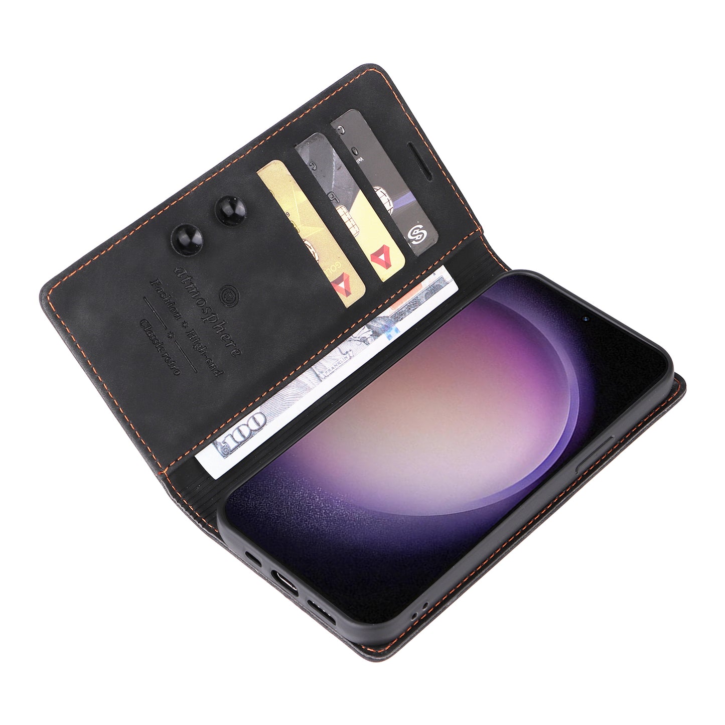 006 Series For Samsung Galaxy S24 Ultra Case PU Leather Folding Stand Cover with Suction Cups Closure - Black