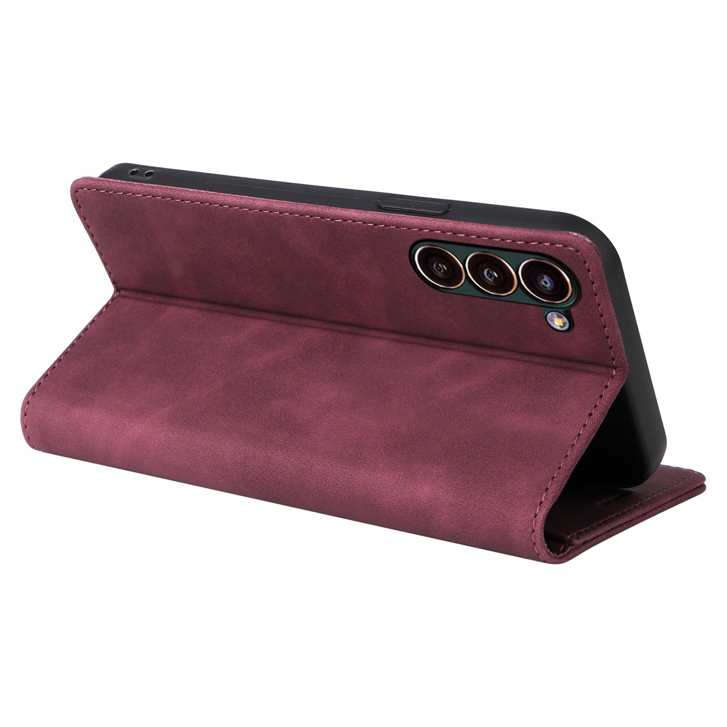006 Series For Samsung Galaxy S24+ Case Phone Wallet PU Leather Cover with Suction Cups Closure - Wine Red