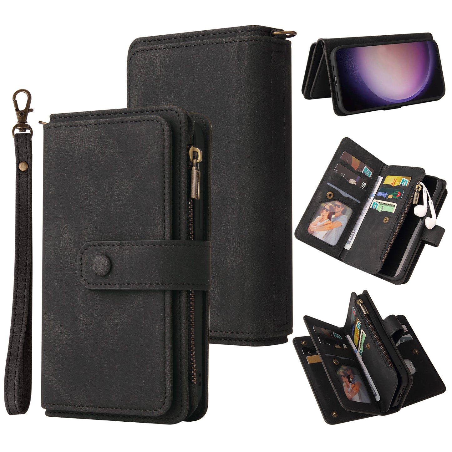 KT Multi-Functional Series-2 For Samsung Galaxy S24 Ultra Cover Zipper Wallet Stand Leather Phone Case - Black