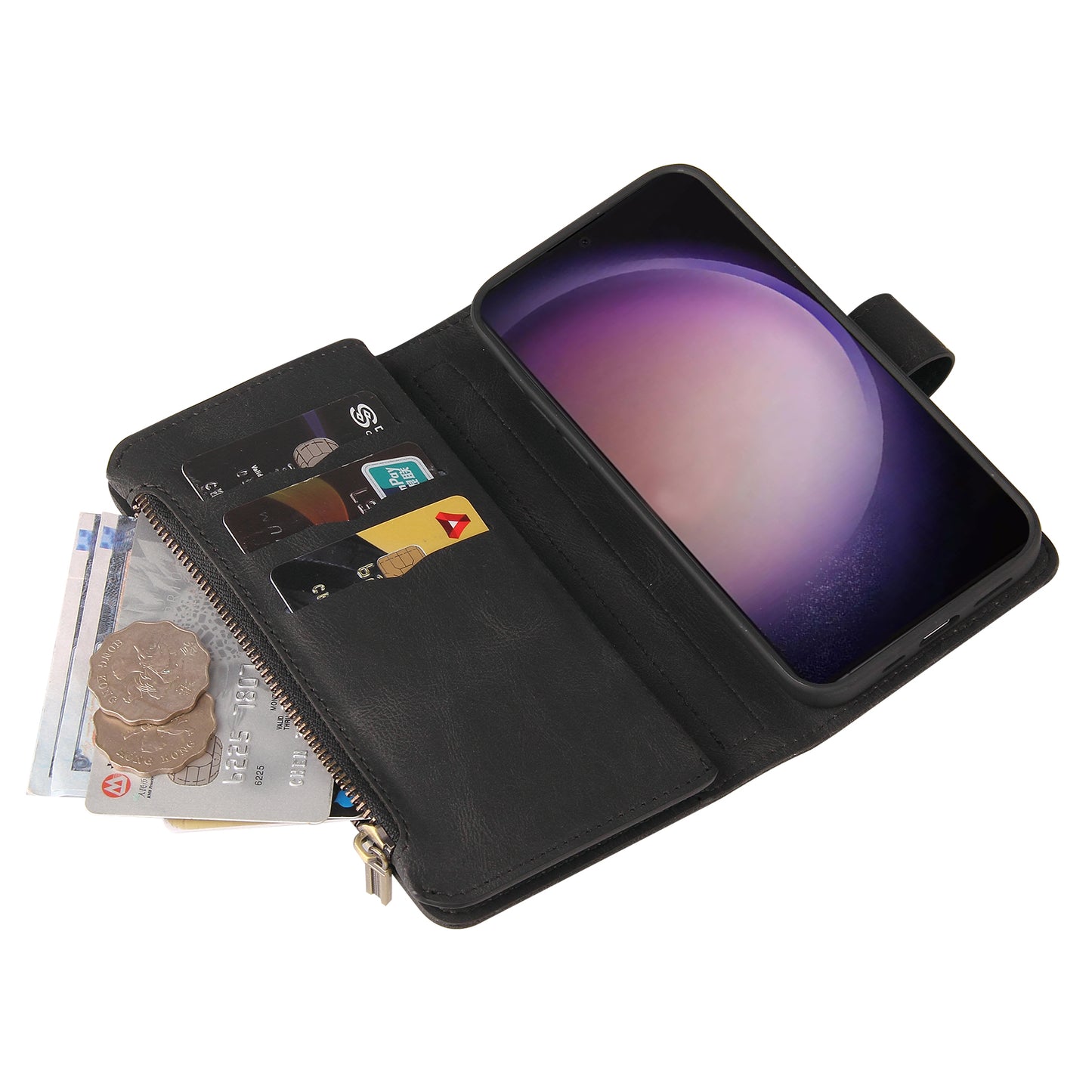 KT Multi-Functional Series-2 For Samsung Galaxy S24 Ultra Cover Zipper Wallet Stand Leather Phone Case - Black