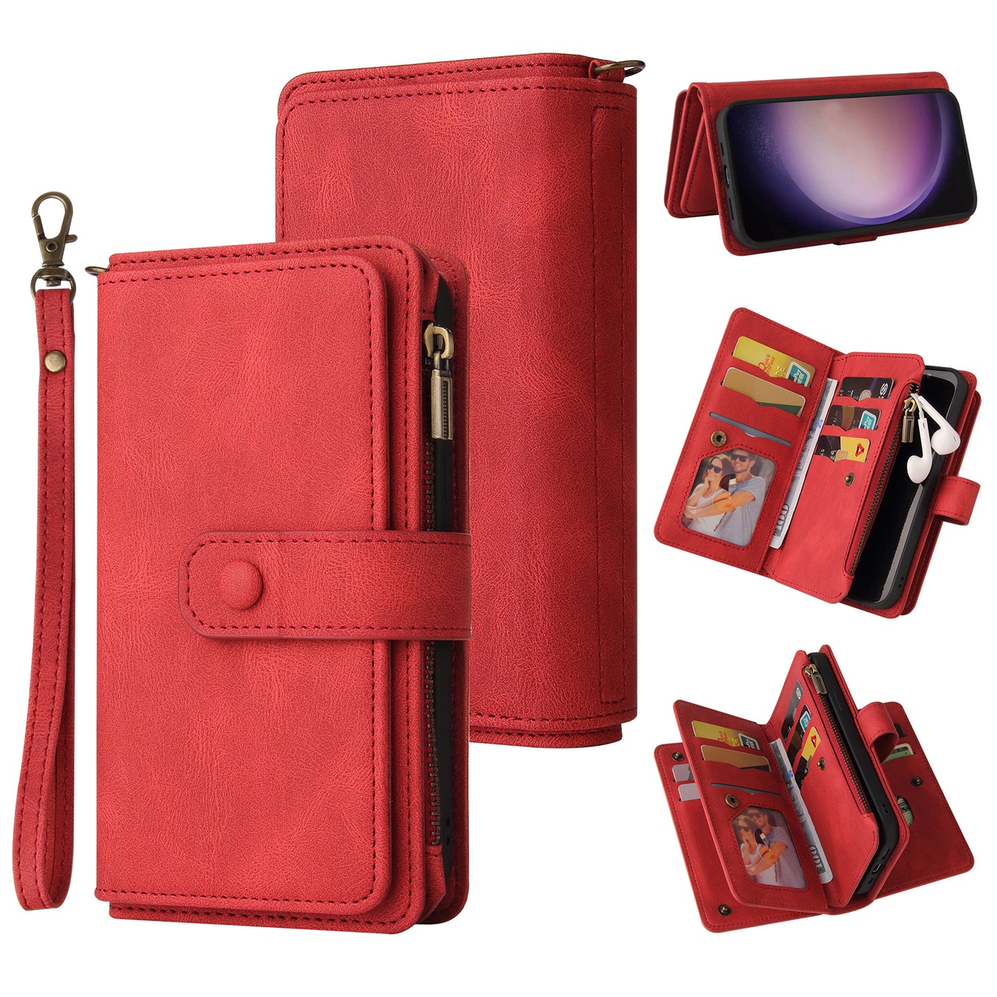 KT Multi-Functional Series-2 For Samsung Galaxy S24 Ultra Cover Zipper Wallet Stand Leather Phone Case - Red