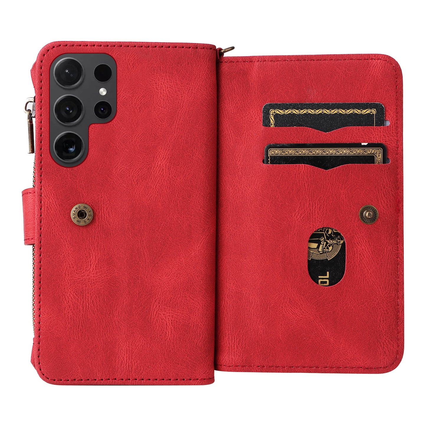 KT Multi-Functional Series-2 For Samsung Galaxy S24 Ultra Cover Zipper Wallet Stand Leather Phone Case - Red