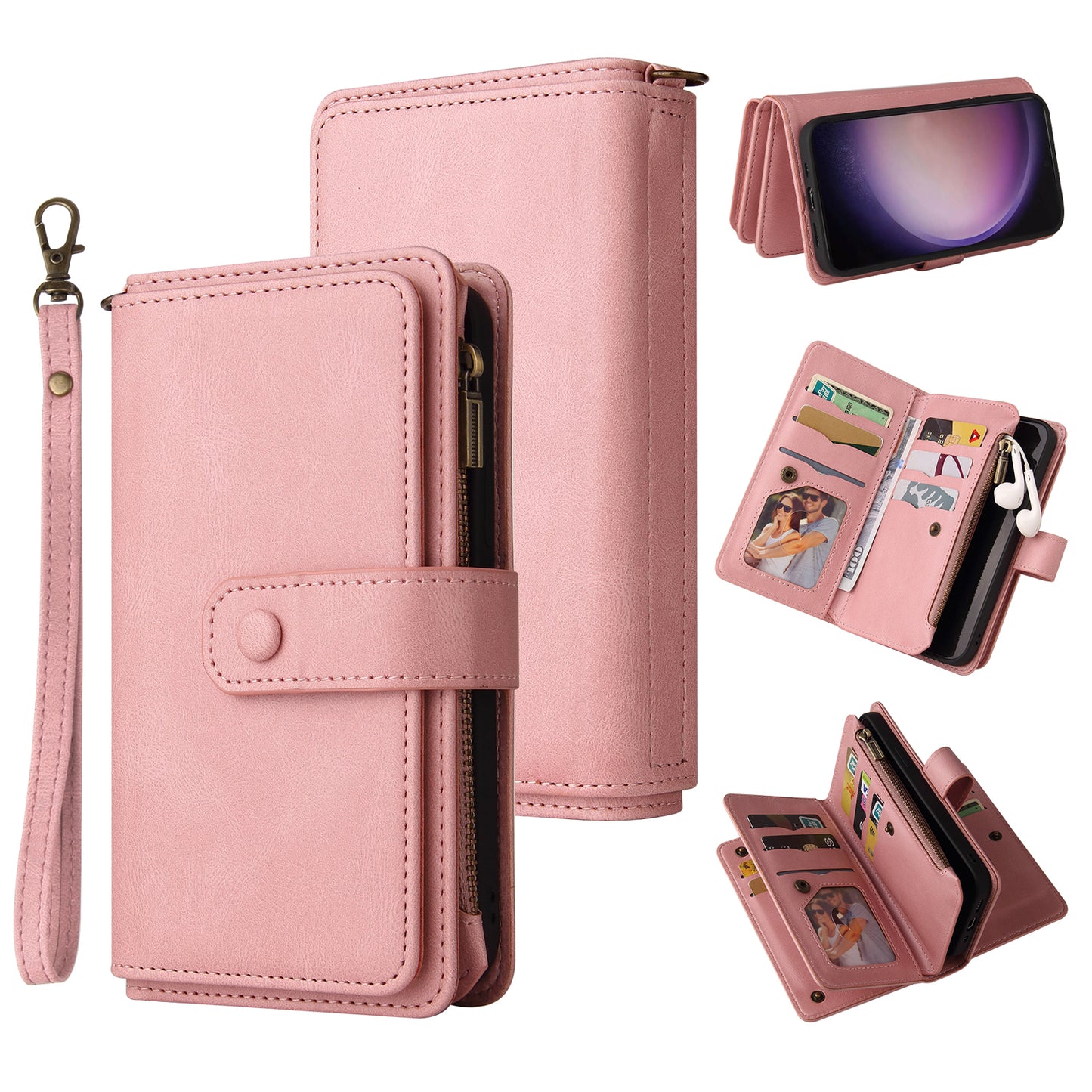 KT Multi-Functional Series-2 For Samsung Galaxy S24 Ultra Cover Zipper Wallet Stand Leather Phone Case - Pink