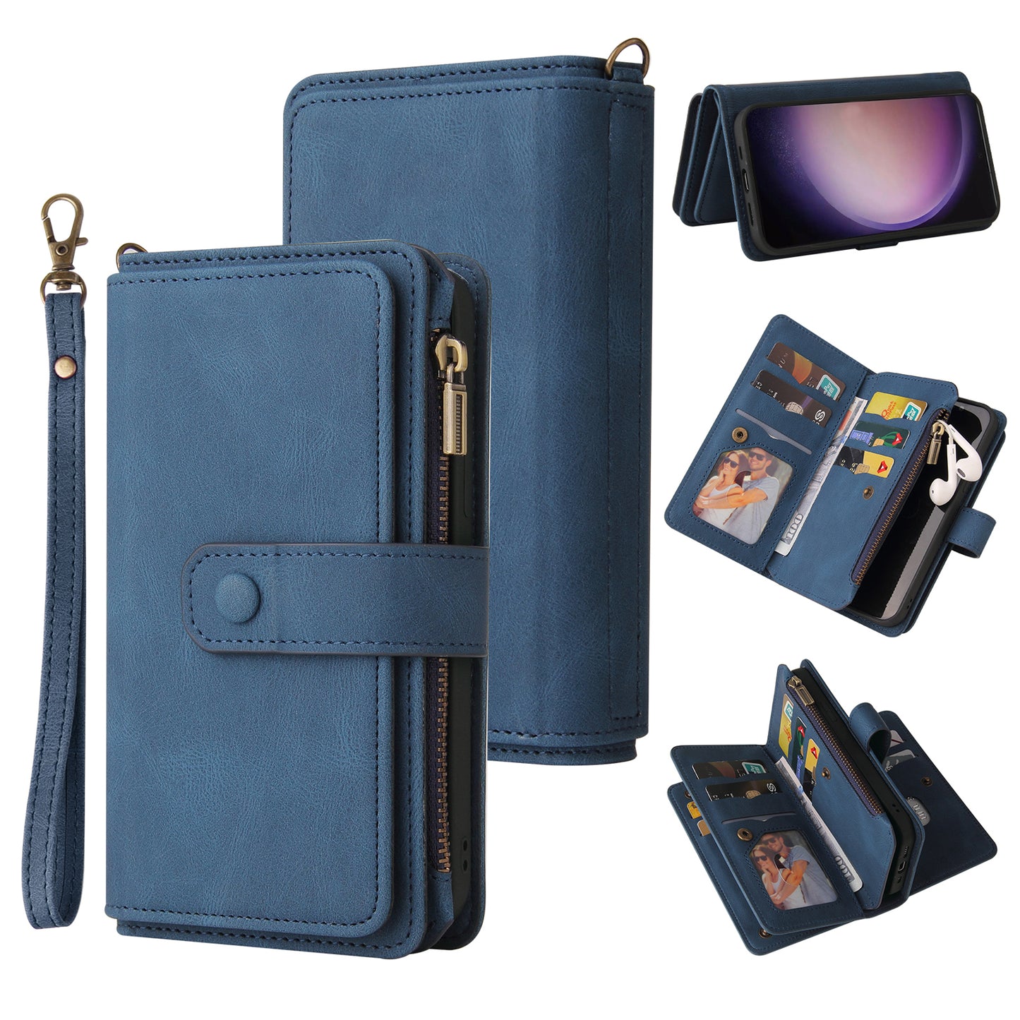 KT Multi-Functional Series-2 For Samsung Galaxy S24 Ultra Cover Zipper Wallet Stand Leather Phone Case - Blue