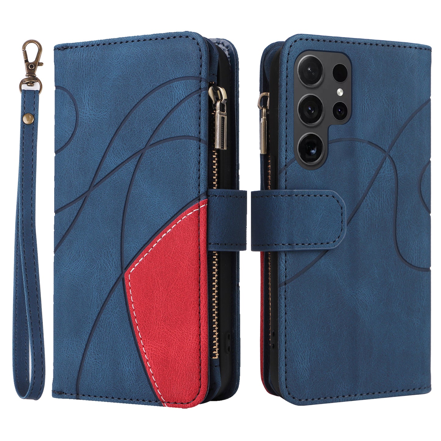 KT Multi-function Series-5 For Samsung Galaxy S24 Ultra Case PU Leather Splicing Wallet Stand Phone Cover - Blue