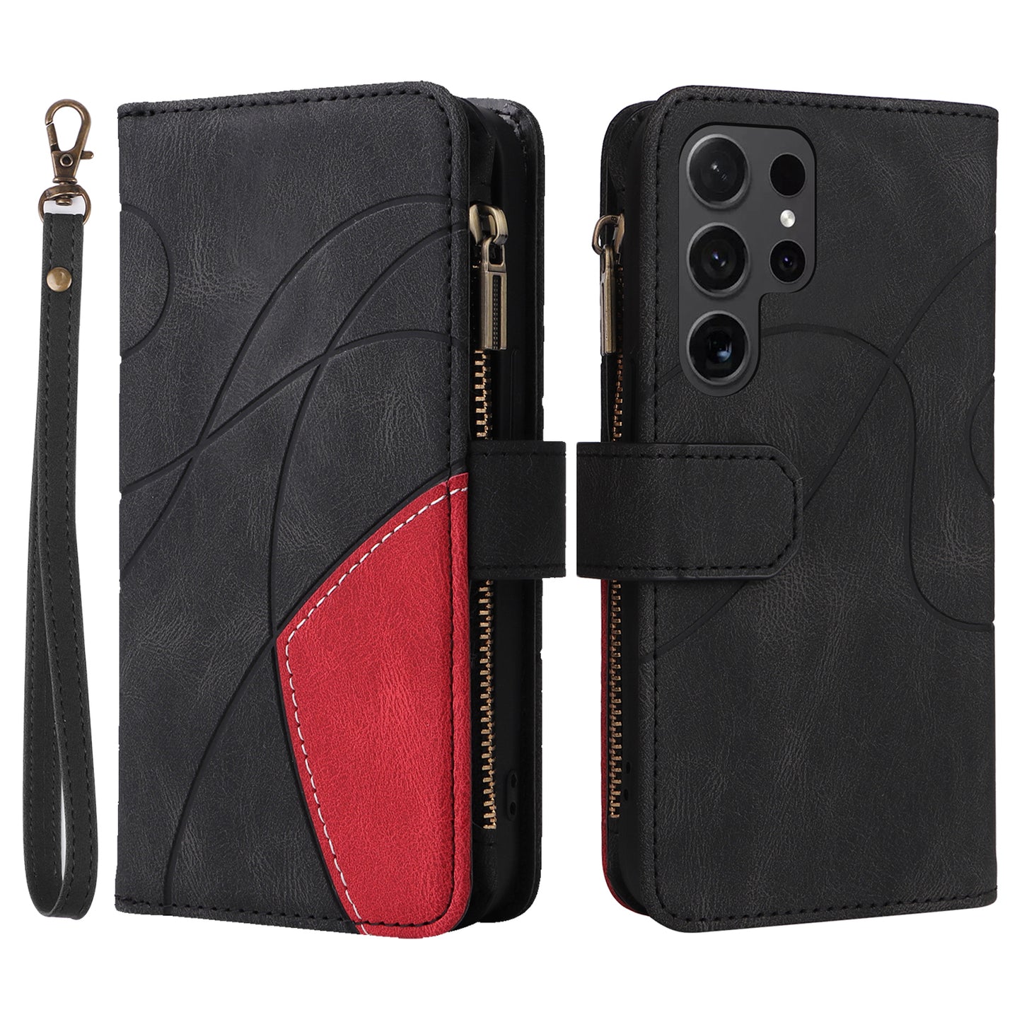 KT Multi-function Series-5 For Samsung Galaxy S24 Ultra Case PU Leather Splicing Wallet Stand Phone Cover - Black