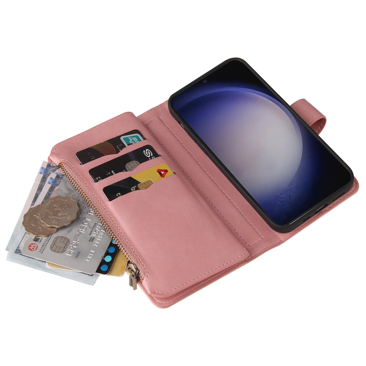 KT Multi-Functional Series-2 For Samsung Galaxy S24 Cover Multiple Card Slots Leather Wallet Phone Case - Pink