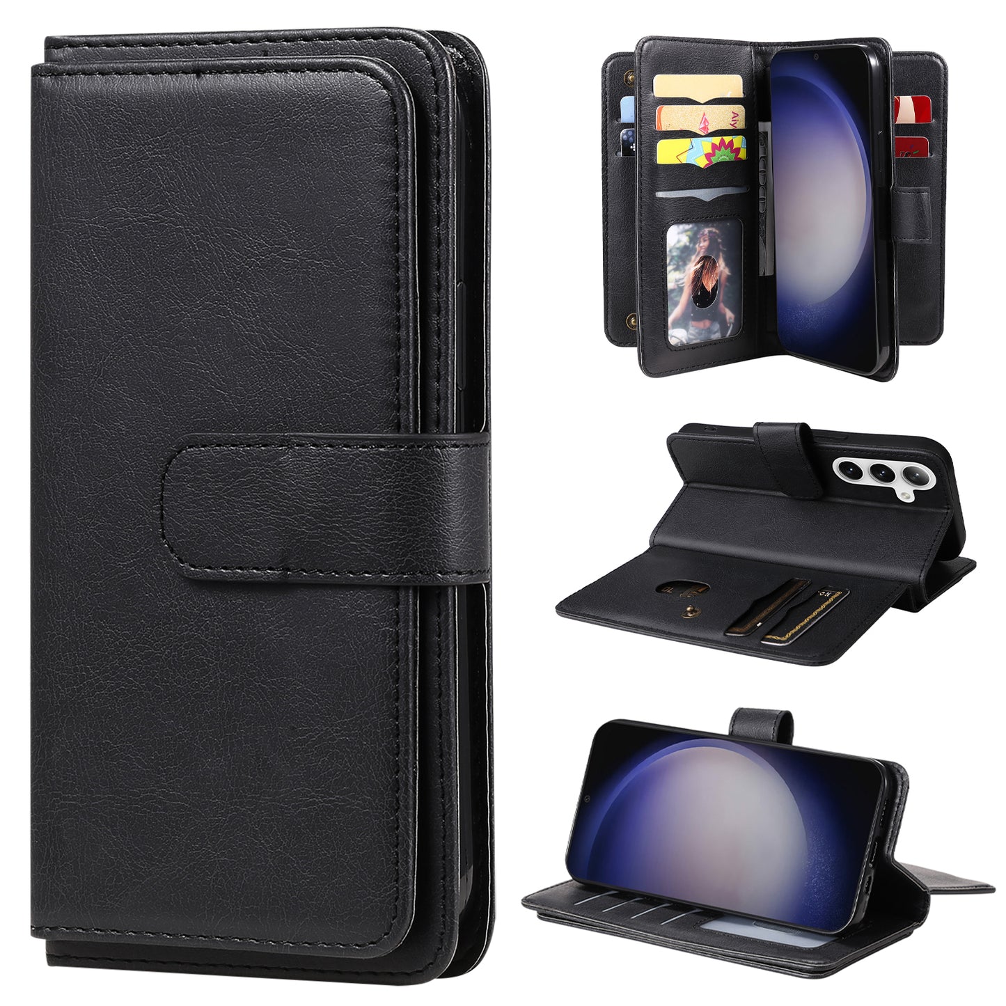 KT Multi-functional Series-1 For Samsung Galaxy S24 Case Multiple Card Slots Leather Phone Cover - Black