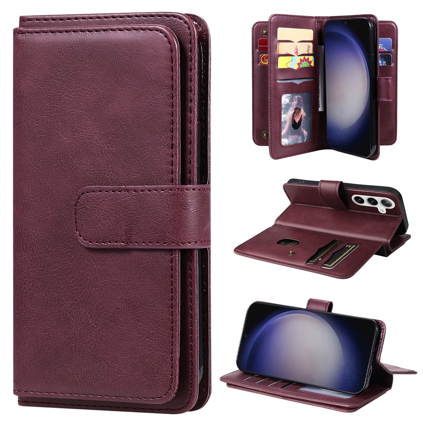 KT Multi-functional Series-1 For Samsung Galaxy S24 Case Multiple Card Slots Leather Phone Cover - Wine Red