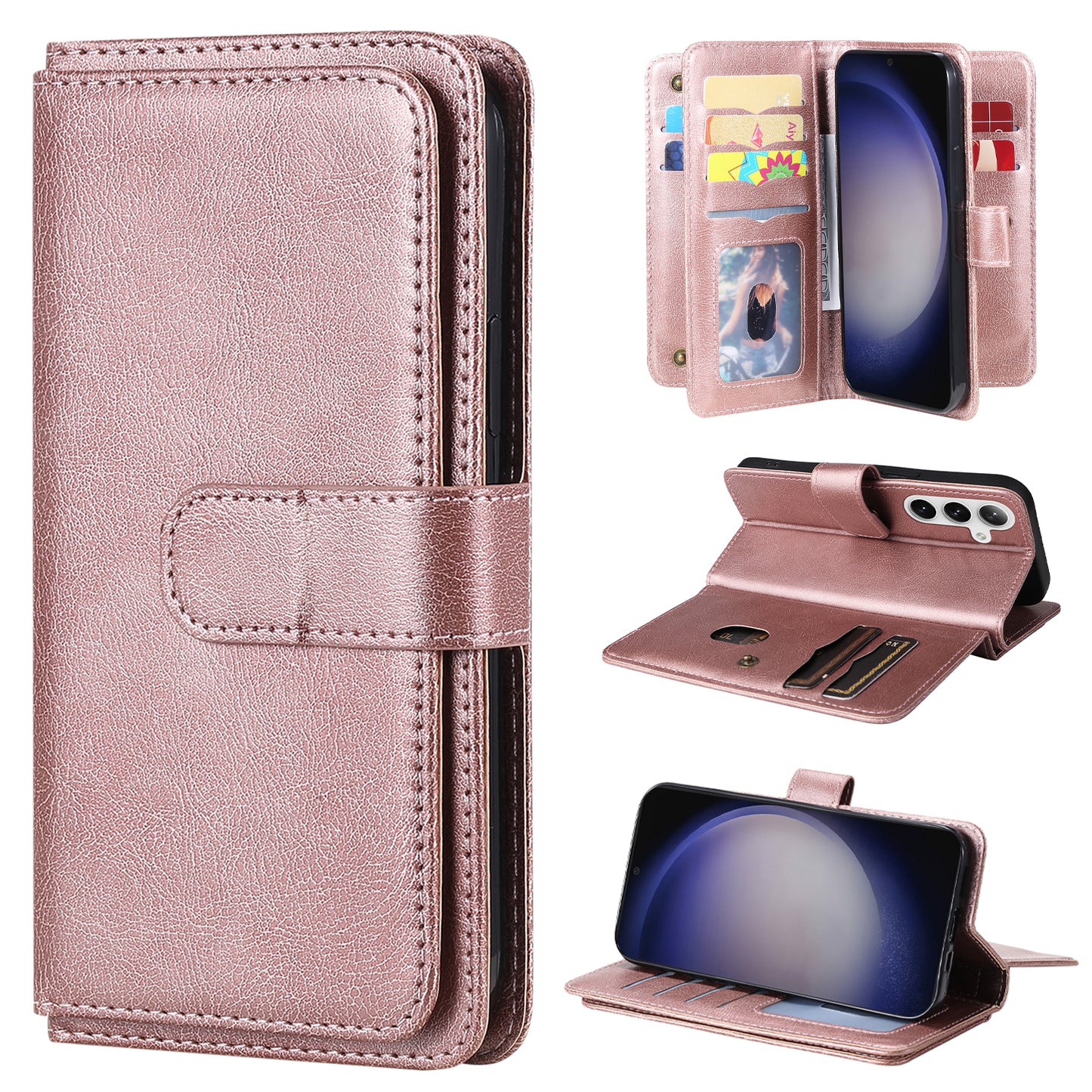KT Multi-functional Series-1 For Samsung Galaxy S24+ Case Leather Anti-fall Phone Cover with 10 Card Slots - Rose Gold