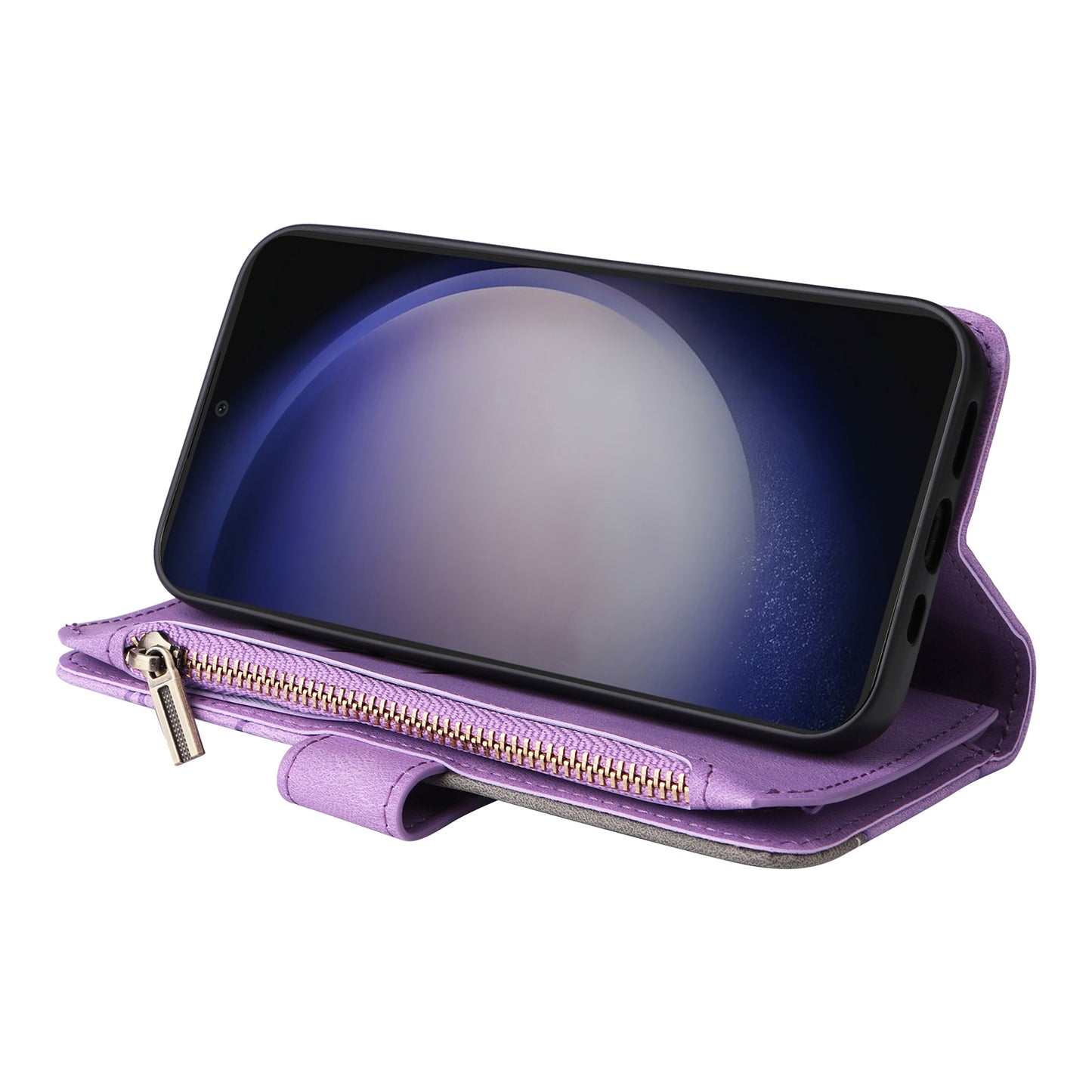 KT Multi-function Series-5 Phone Shell For Samsung Galaxy S24 Leather Wallet Stand Case 9 Card Slots Cover - Light Purple