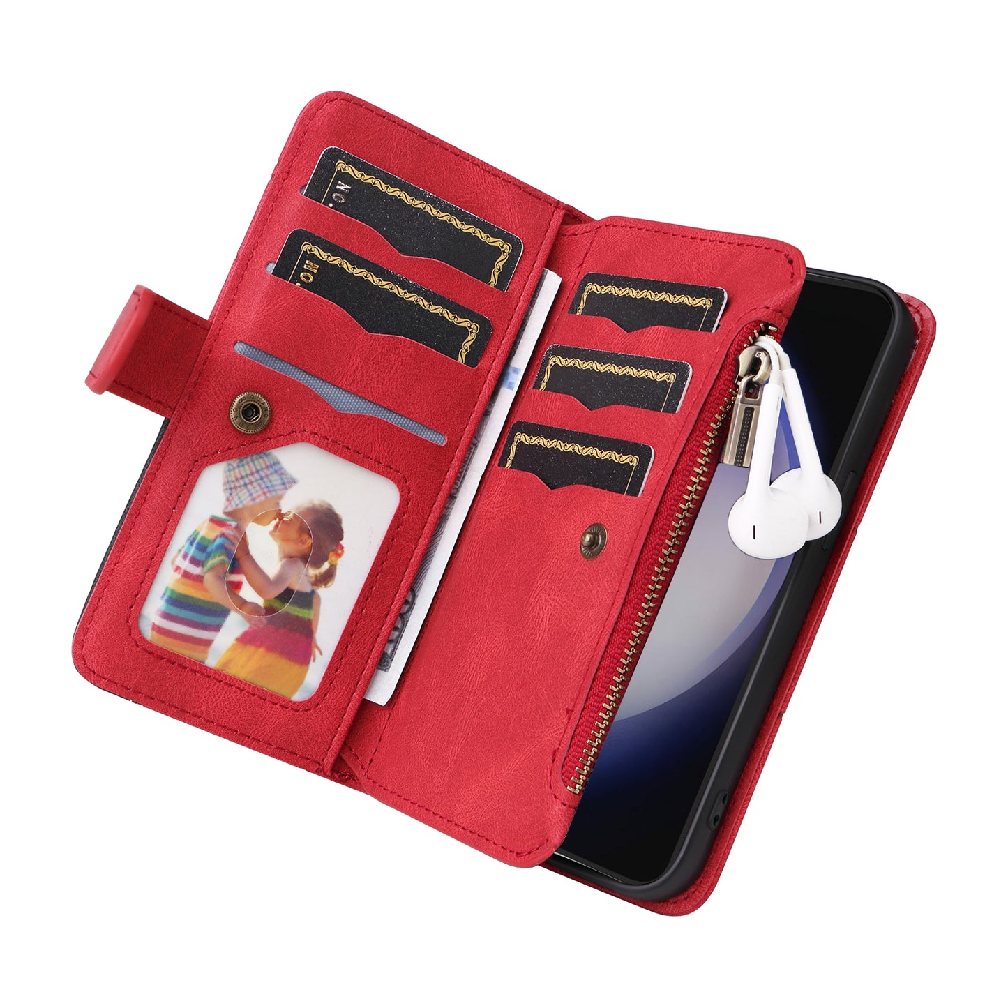 KT Multi-function Series-5 Phone Shell For Samsung Galaxy S24 Leather Wallet Stand Case 9 Card Slots Cover - Red