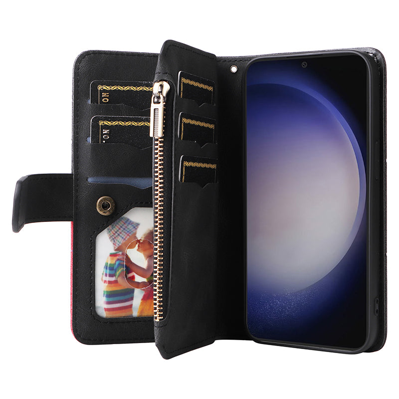 KT Multi-function Series-5 Phone Shell For Samsung Galaxy S24 Leather Wallet Stand Case 9 Card Slots Cover - Black