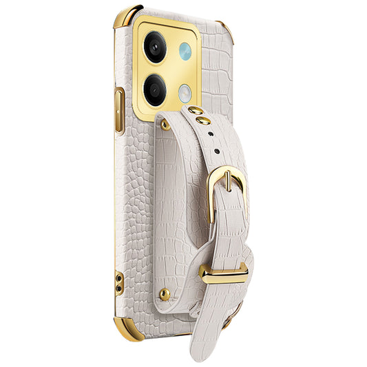 For Xiaomi Redmi Note 13 5G Case 6D Electroplating PU Leather+TPU Phone Cover with Wristband Kickstand - White