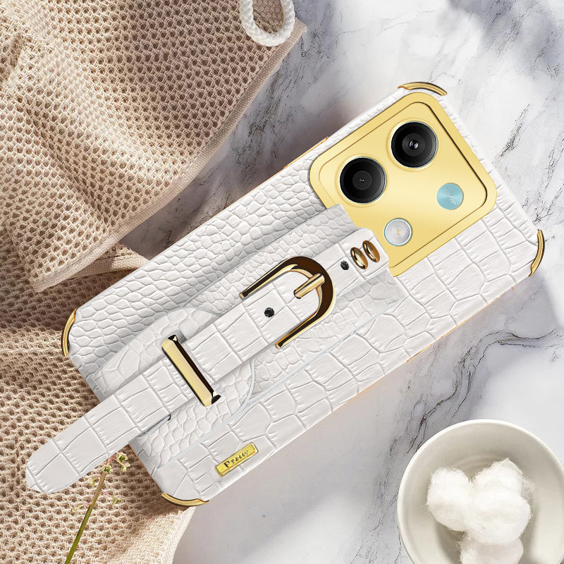 For Xiaomi Redmi Note 13 5G Case 6D Electroplating PU Leather+TPU Phone Cover with Wristband Kickstand - White