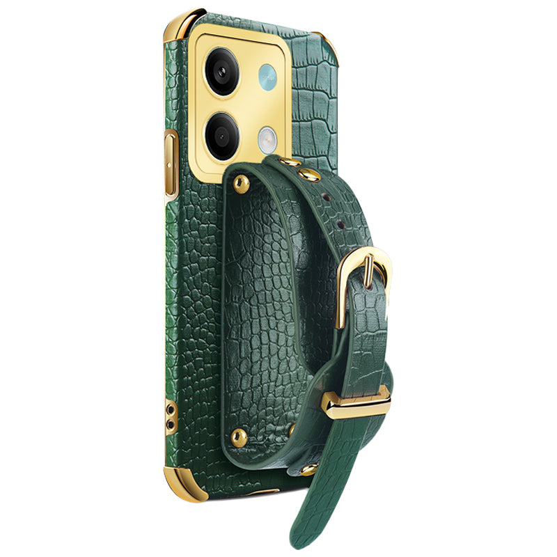 For Xiaomi Redmi Note 13 5G Case 6D Electroplating PU Leather+TPU Phone Cover with Wristband Kickstand - Green