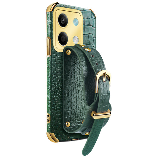 For Xiaomi Redmi Note 13 5G Case 6D Electroplating PU Leather+TPU Phone Cover with Wristband Kickstand - Green