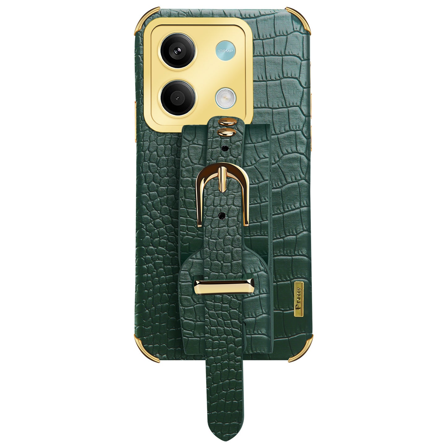 For Xiaomi Redmi Note 13 5G Case 6D Electroplating PU Leather+TPU Phone Cover with Wristband Kickstand - Green