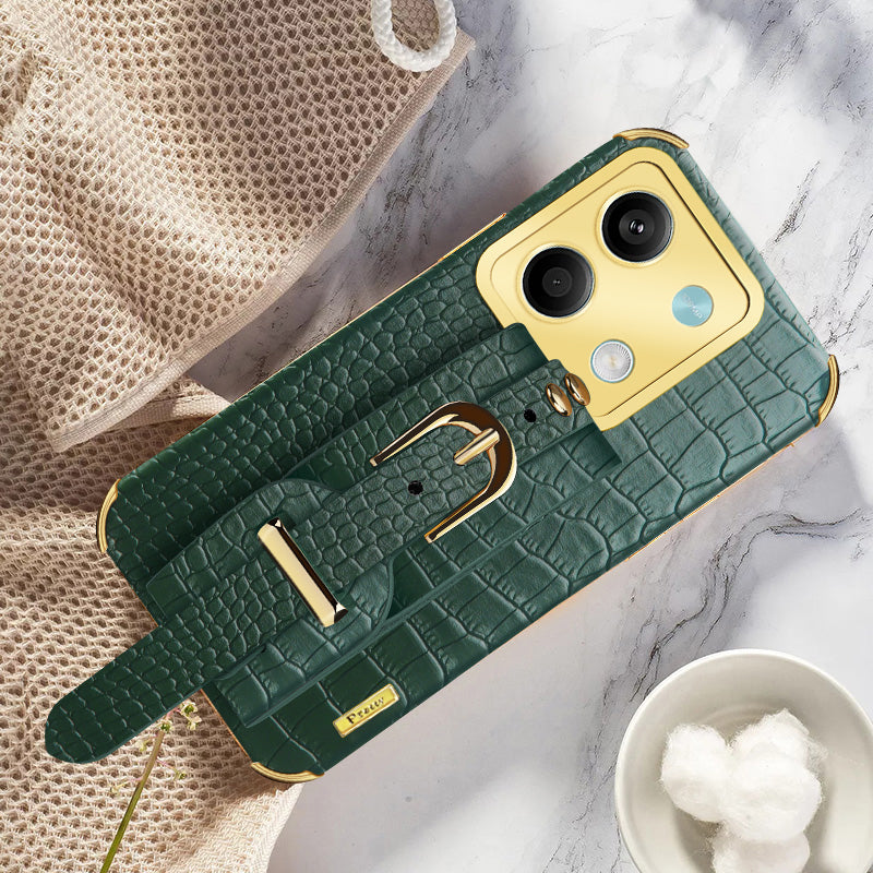 For Xiaomi Redmi Note 13 5G Case 6D Electroplating PU Leather+TPU Phone Cover with Wristband Kickstand - Green