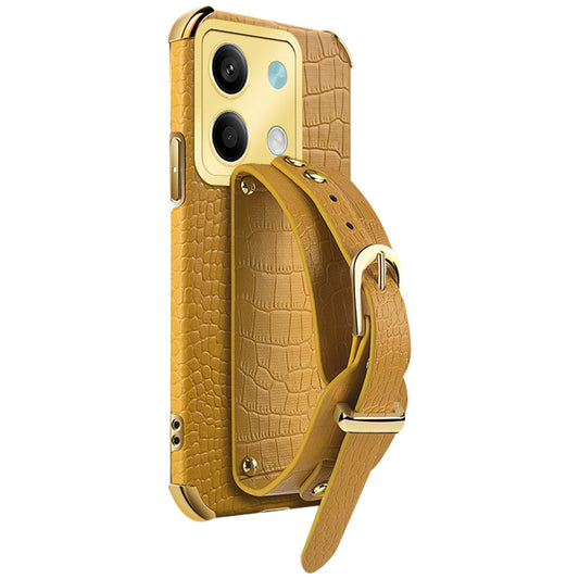 For Xiaomi Redmi Note 13 5G Case 6D Electroplating PU Leather+TPU Phone Cover with Wristband Kickstand - Yellow