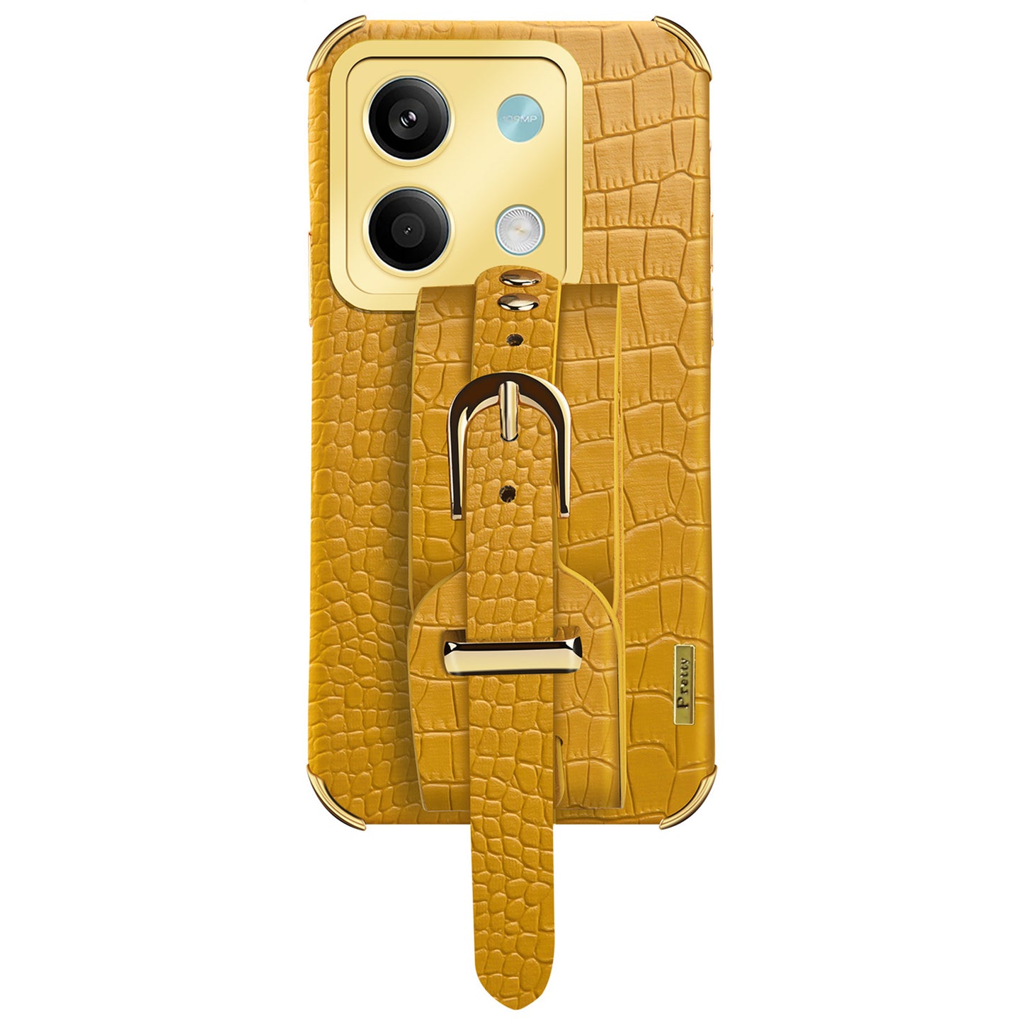 For Xiaomi Redmi Note 13 5G Case 6D Electroplating PU Leather+TPU Phone Cover with Wristband Kickstand - Yellow