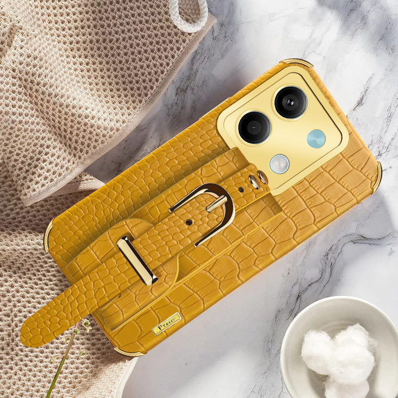 For Xiaomi Redmi Note 13 5G Case 6D Electroplating PU Leather+TPU Phone Cover with Wristband Kickstand - Yellow