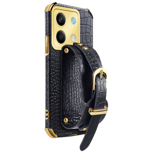 For Xiaomi Redmi Note 13 5G Case 6D Electroplating PU Leather+TPU Phone Cover with Wristband Kickstand - Black